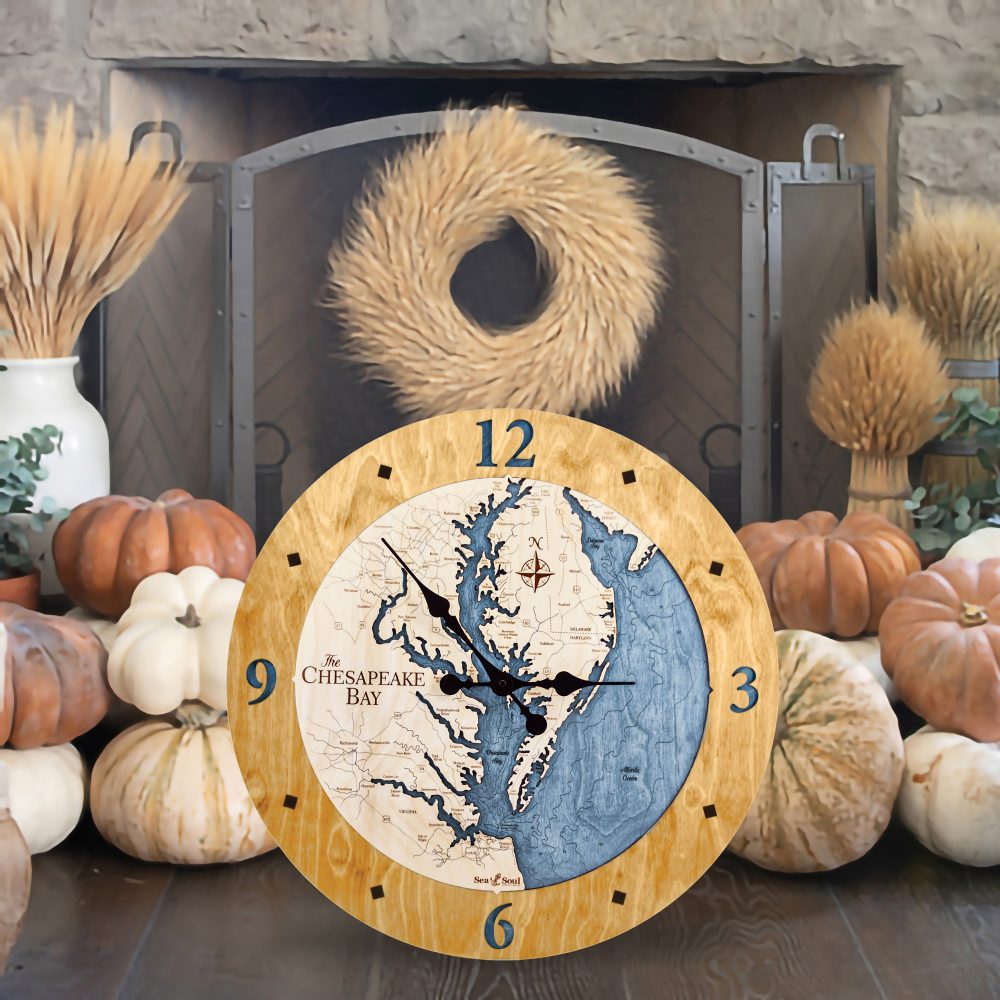 Chesapeake Bay Nautical Clock Honey Accent with Deep Blue Water by Fireplace