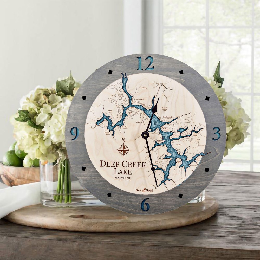 Deep Creek Lake Nautical Clock Driftwood Accent with Blue Green Water on Table with Flowers