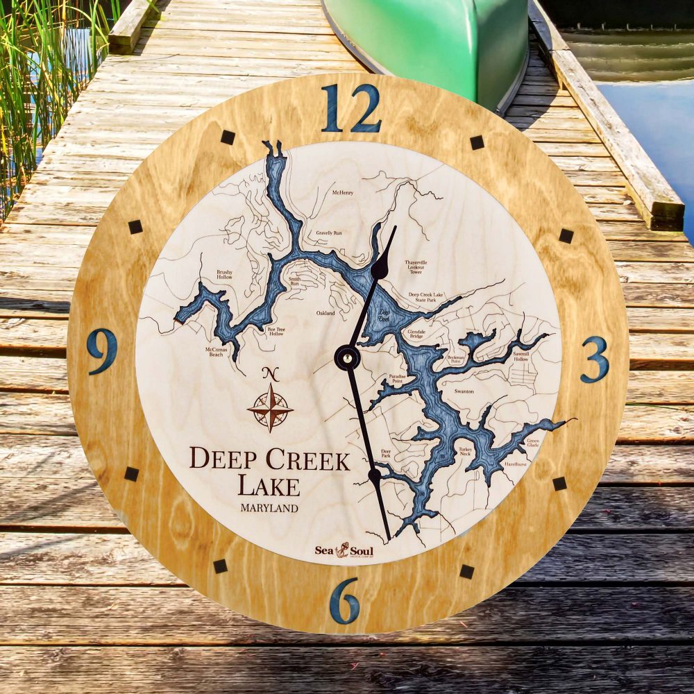 Deep Creek Lake Nautical Clock Honey Accent with Deep Blue Water on Dock