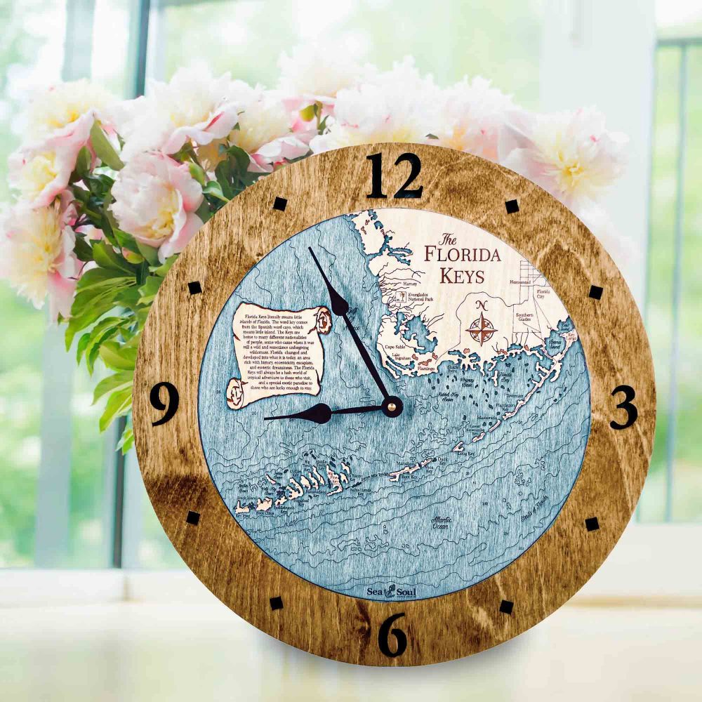 Florida Keys Nautical Clock Americana Accent with Blue Green Water on Windowsill with Flowers