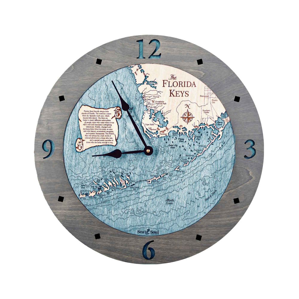 Florida Keys Nautical Clock Driftwood Accent with Blue Green Water