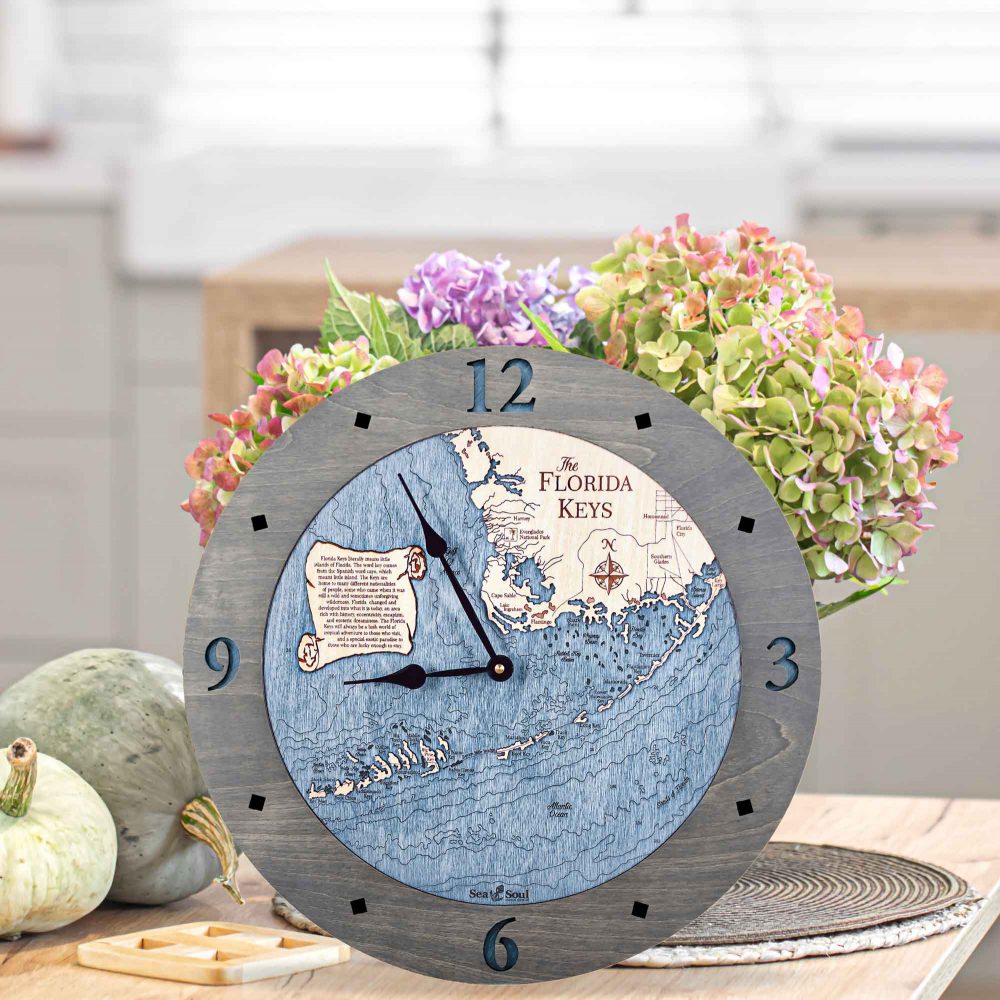 Florida Keys Nautical Clock Driftwood Accent with Deep Blue Water on Table with Flowers