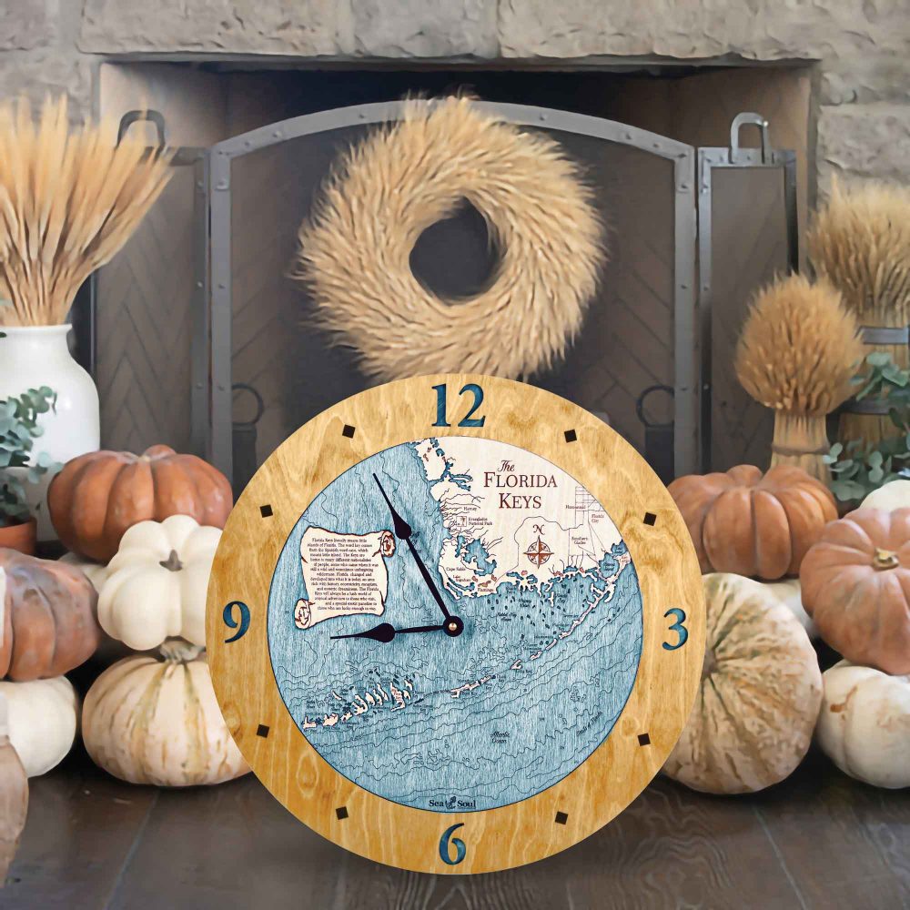 Florida Keys Nautical Clock Honey Accent with Blue Green Water by Fireplace with Pumpkins