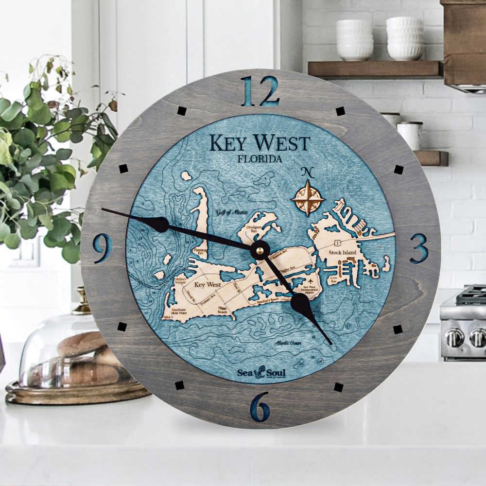 Key West Nautical Clock Driftwood Accent with Blue Green Water on Countertop