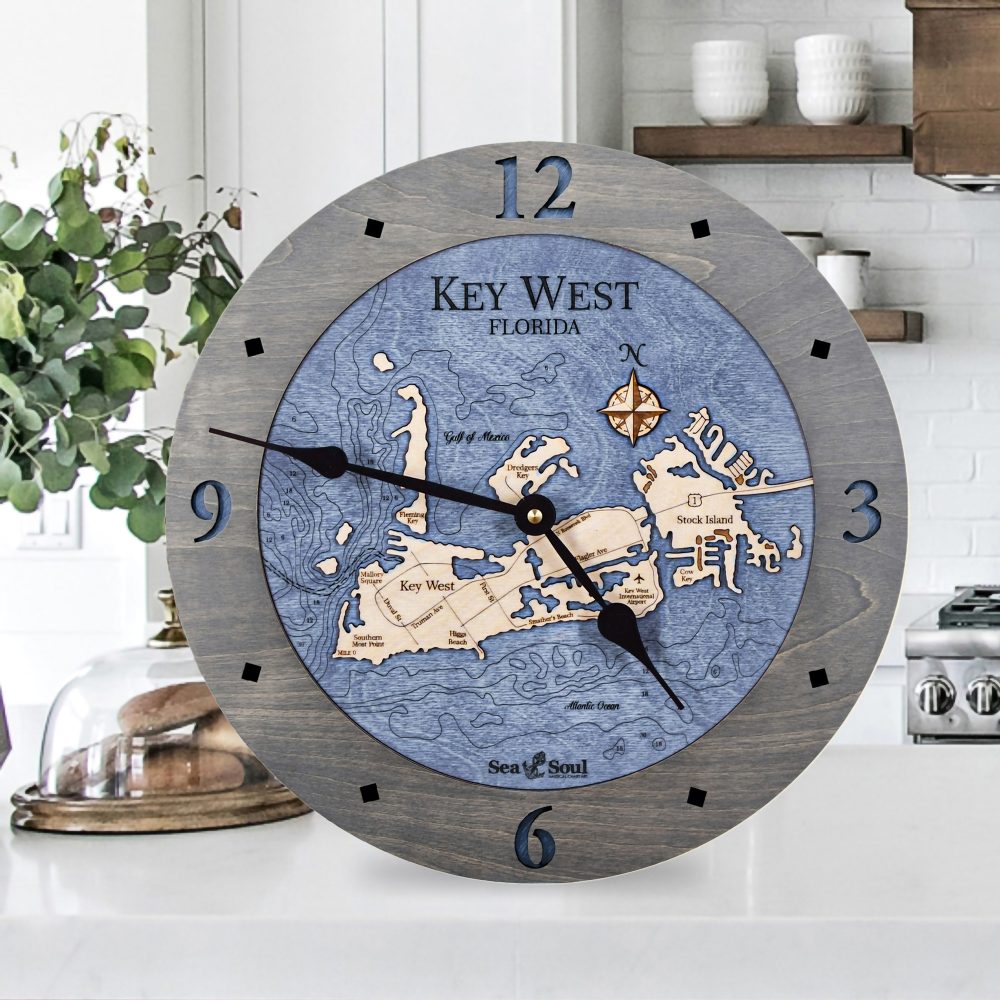 Key West Nautical Clock Driftwood Accent with Deep Blue Water on Countertop