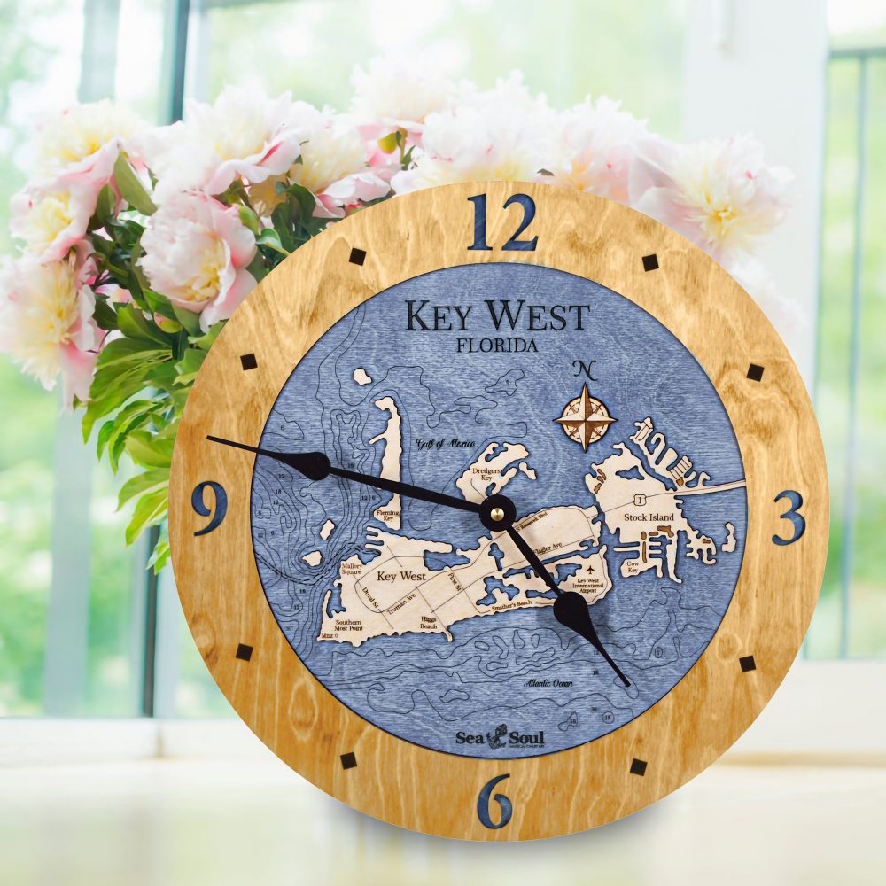 Key West Nautical Clock Honey Accent with Deep Blue Water on Table with Flowers