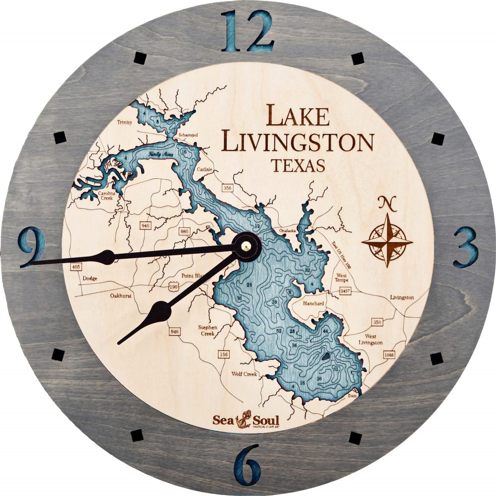 Lake Livingston Nautical Clock Driftwood Accent with Blue Green Water Product Shot