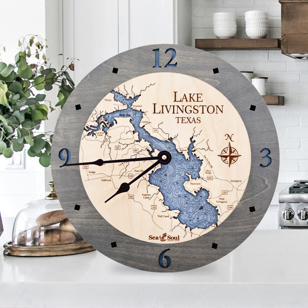 Lake Livingston Nautical Clock Driftwood Accent with Deep Blue Water on Countertop