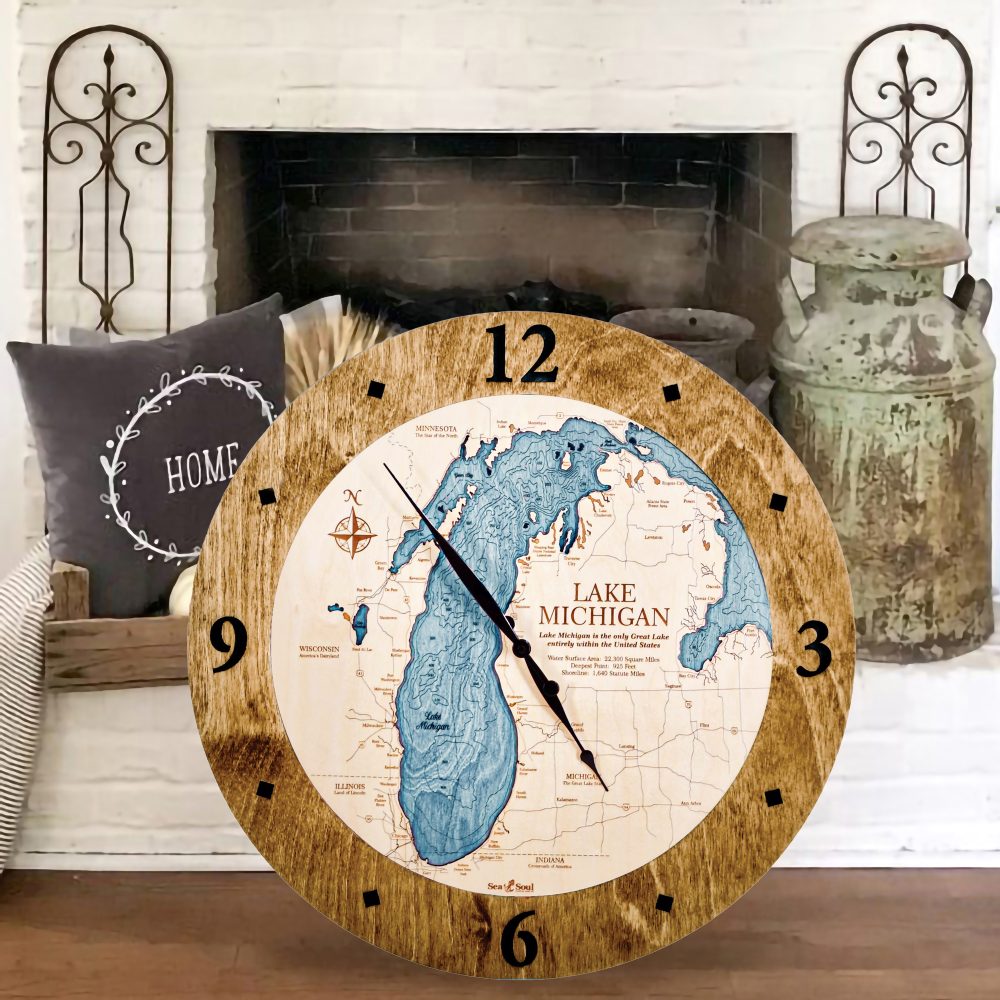Lake Michigan Nautical Clock Americana Accent with Blue Green Water by Fireplace