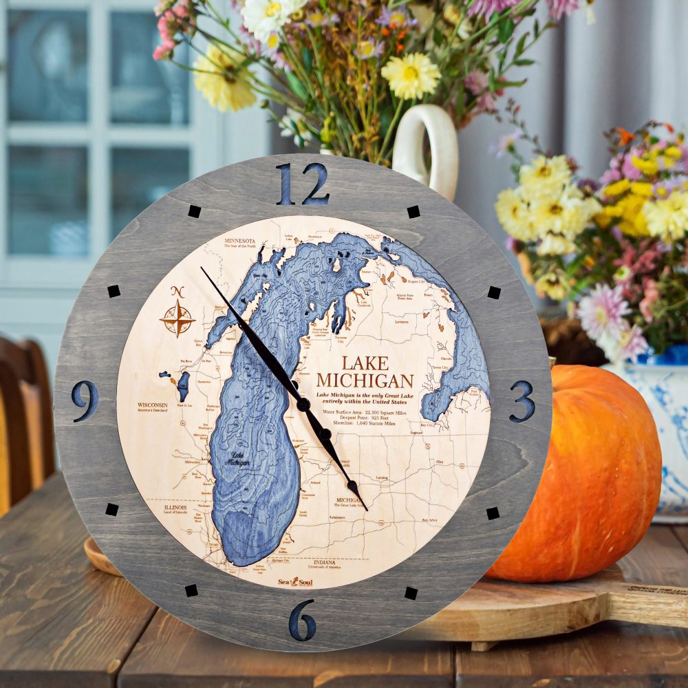Lake Michigan Nautical Clock Driftwood Accent with Deep Blue Water on Table with Pumpkin