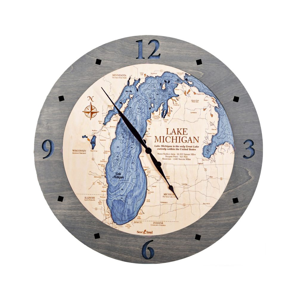 Lake Michigan Nautical Clock Driftwood Accent with Deep Blue Water