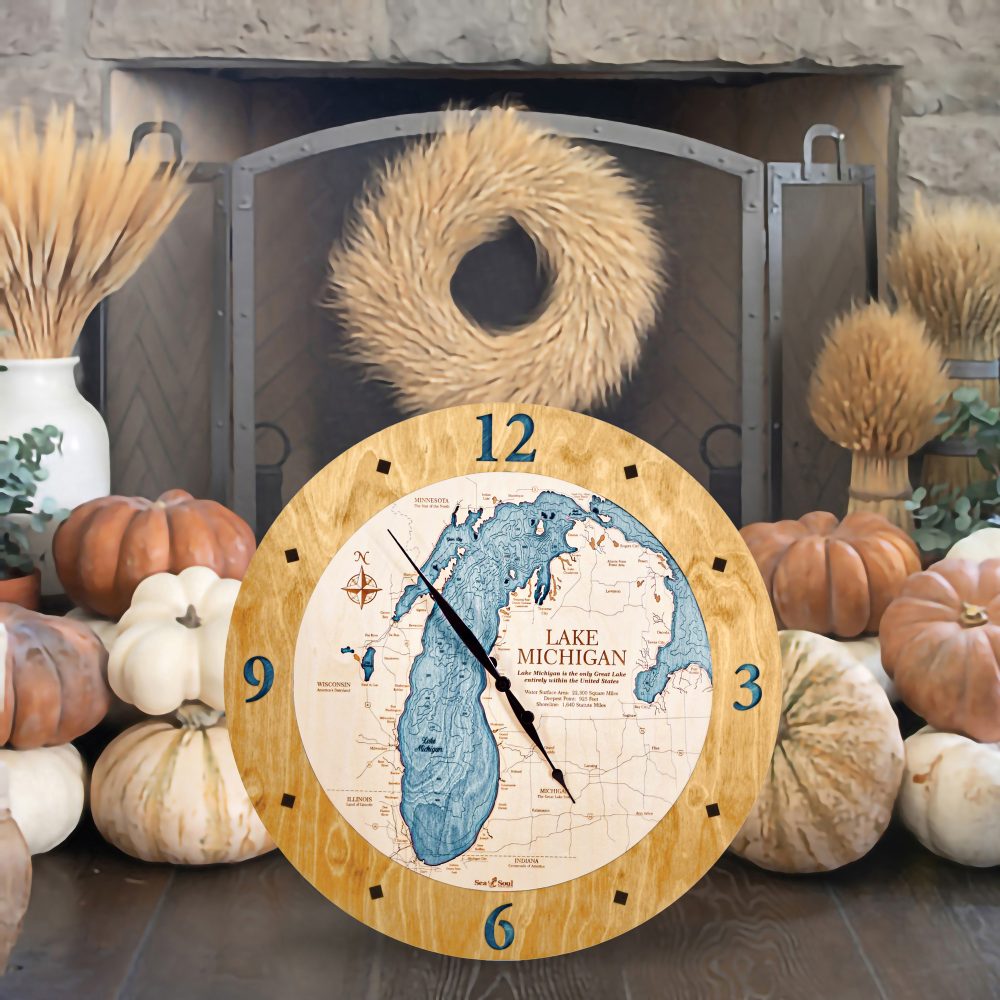 Lake Michigan Nautical Clock Honey Accent with Blue Green Water by Fireplace with Pumpkins