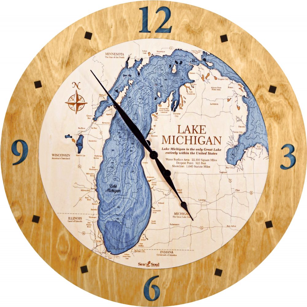 Lake Michigan Nautical Clock Honey Accent with Deep Blue Water Product Shot