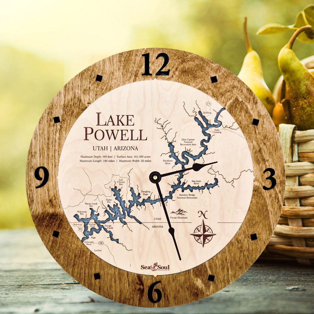 Lake Powell Nautical Clock Americana Accent with Deep Blue Water on Table with Pears