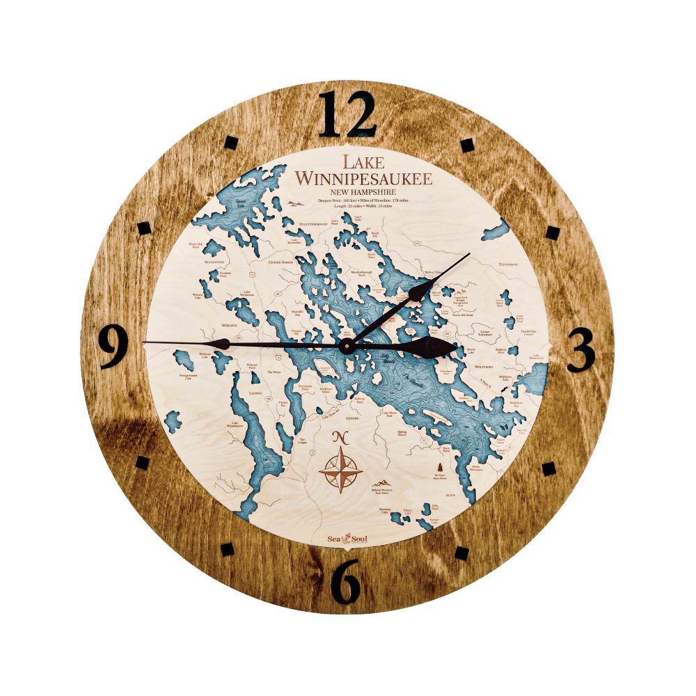 Lake Winnipesaukee Nautical Map Clock Americana Accent with Blue Green Water