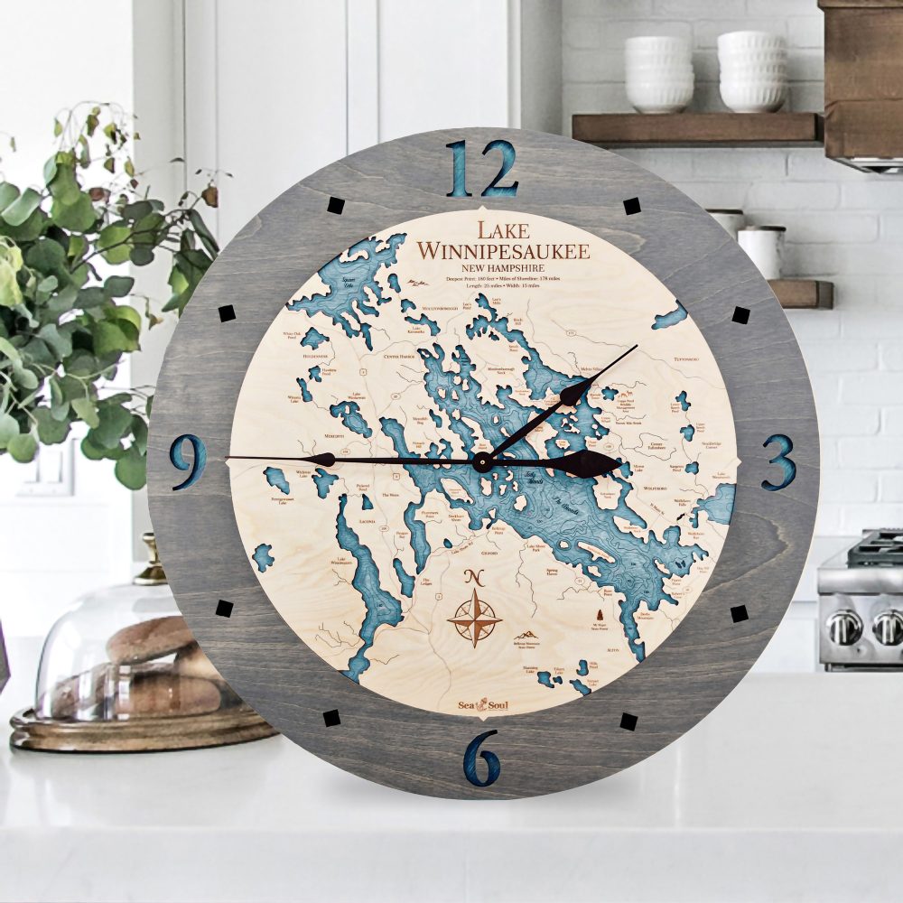 Lake Winnipesaukee Nautical Map Clock Driftwood Accent with Blue Green Water Sitting on Countertop