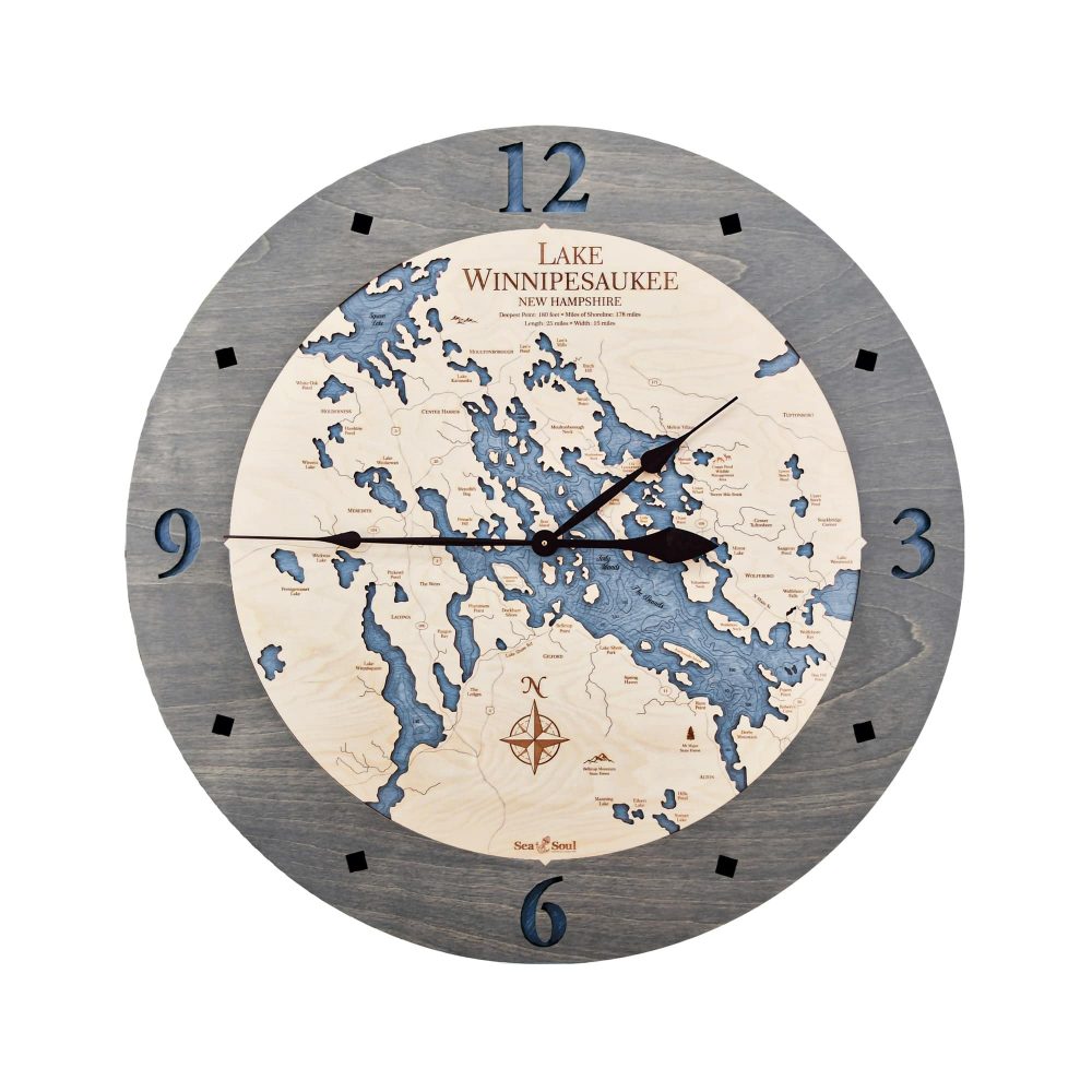 Lake Winnipesaukee Nautical Map Clock Driftwood Accent with Deep Blue Water