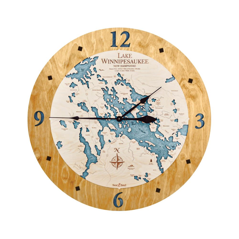 Lake Winnipesaukee Nautical Map Clock Honey Accent with Blue Green Water