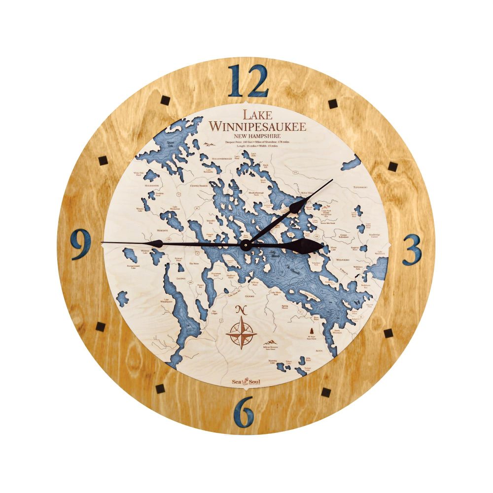 Lake Winnipesaukee Nautical Map Clock Honey Accent with Deep Blue Water