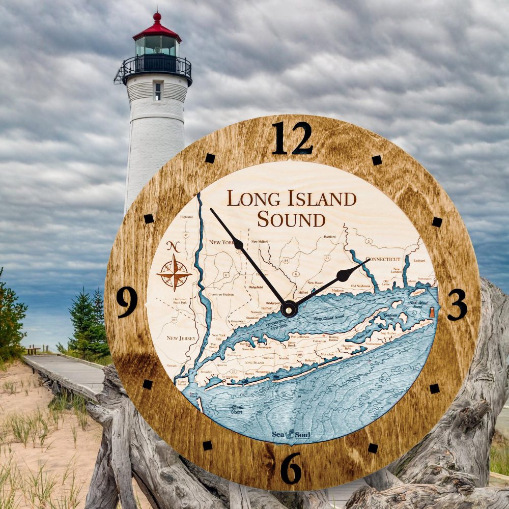 Long Island Sound Nautical Clock Americana Accent with Blue Green Water by Lighthouse