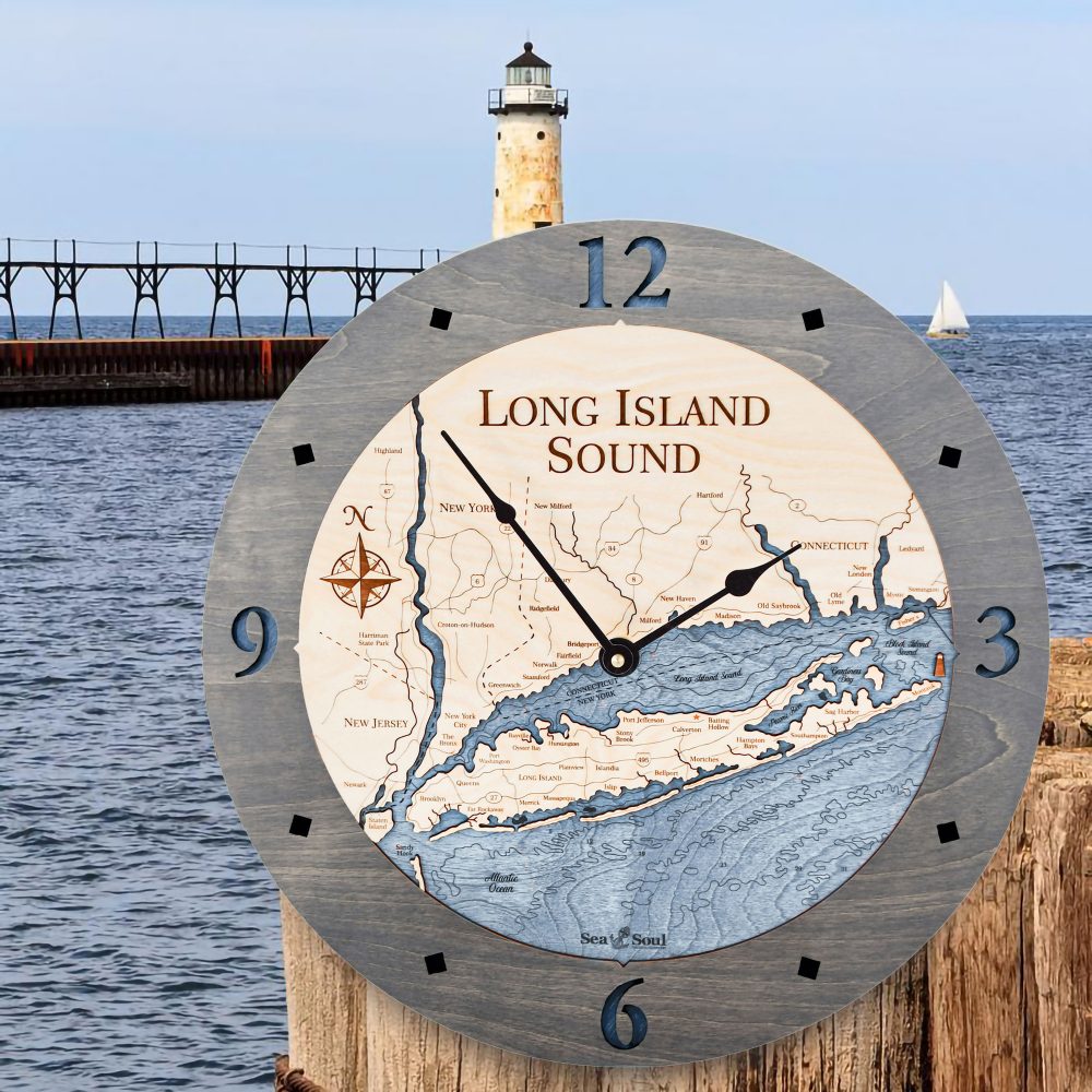 Long Island Sound Nautical Clock Driftwood Accent with Deep Blue Water by Waterfront