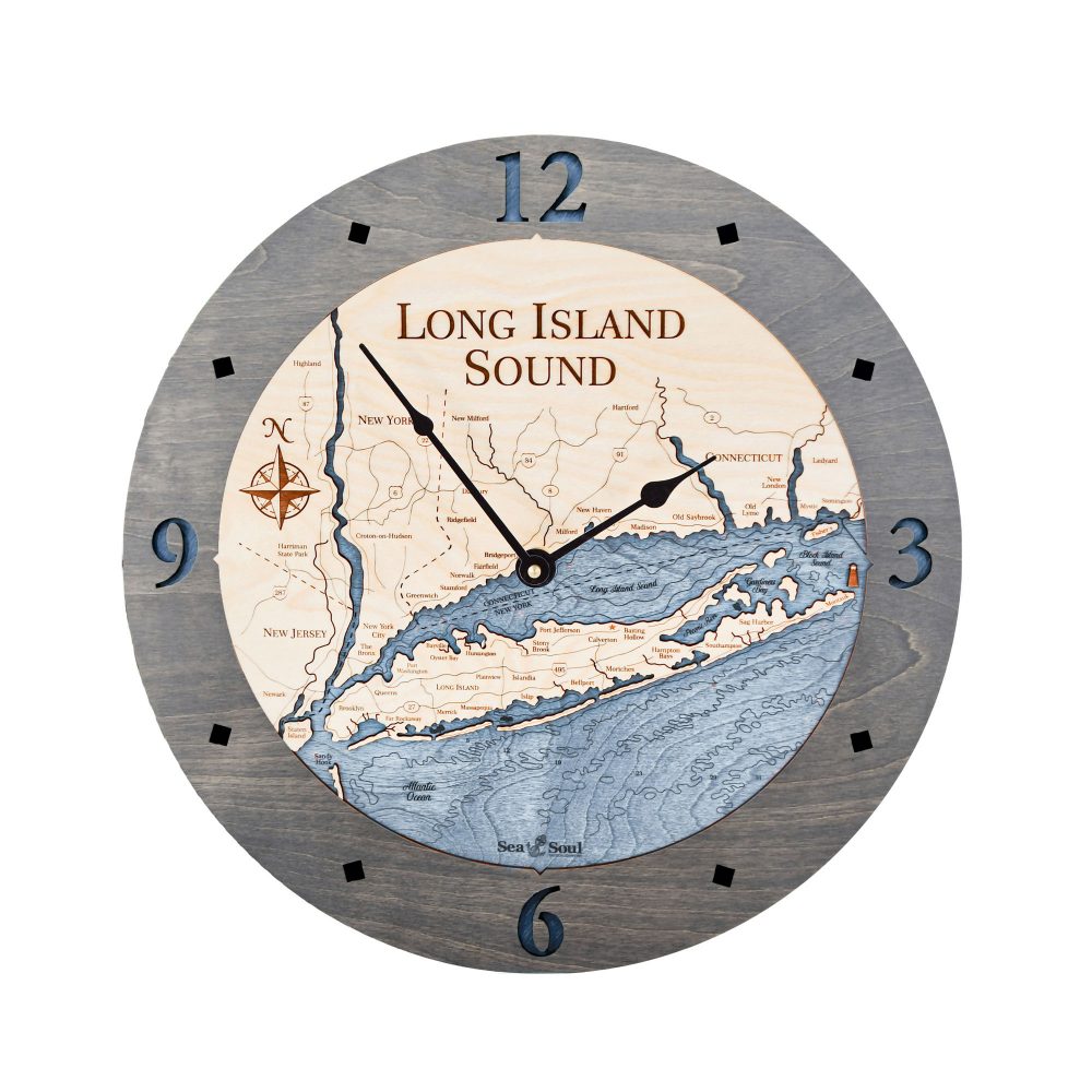Long Island Sound Nautical Clock Driftwood Accent with Deep Blue Water