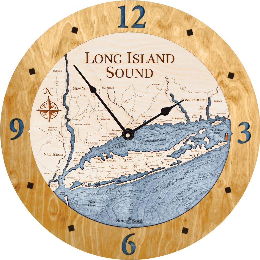 Long Island Sound Nautical Clock Honey Accent with Deep Blue Water Product Shot