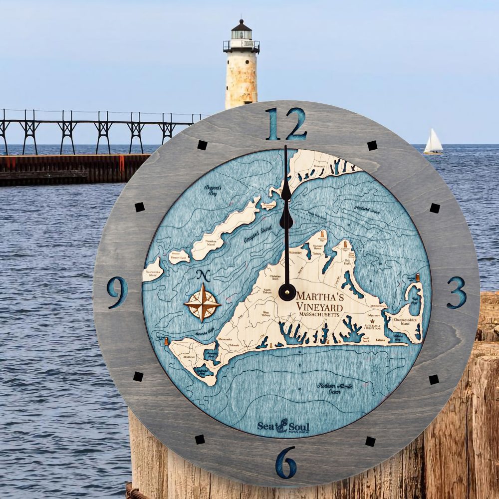 Martha's Vineyard Nautical Clock Driftwood Accent with Blue Green Water by Lighthouse