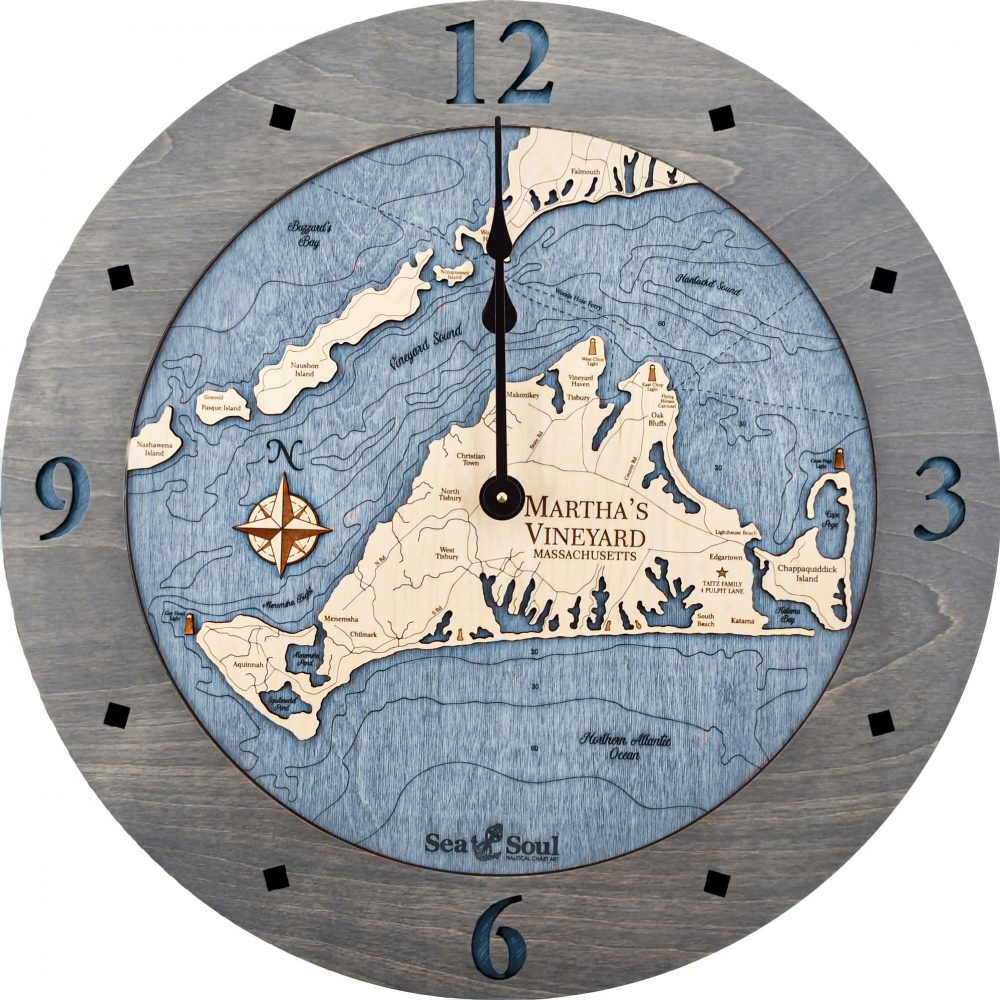 Martha's Vineyard Nautical Clock Driftwood Accent with Deep Blue Water Product Shot