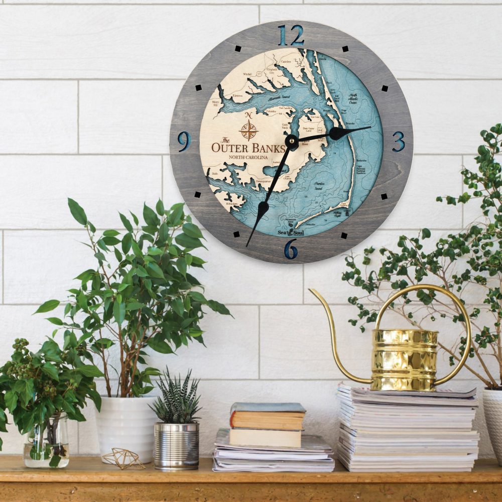 Outer Banks Nautical Clock Driftwood Accent with Blue Green Water on Wall