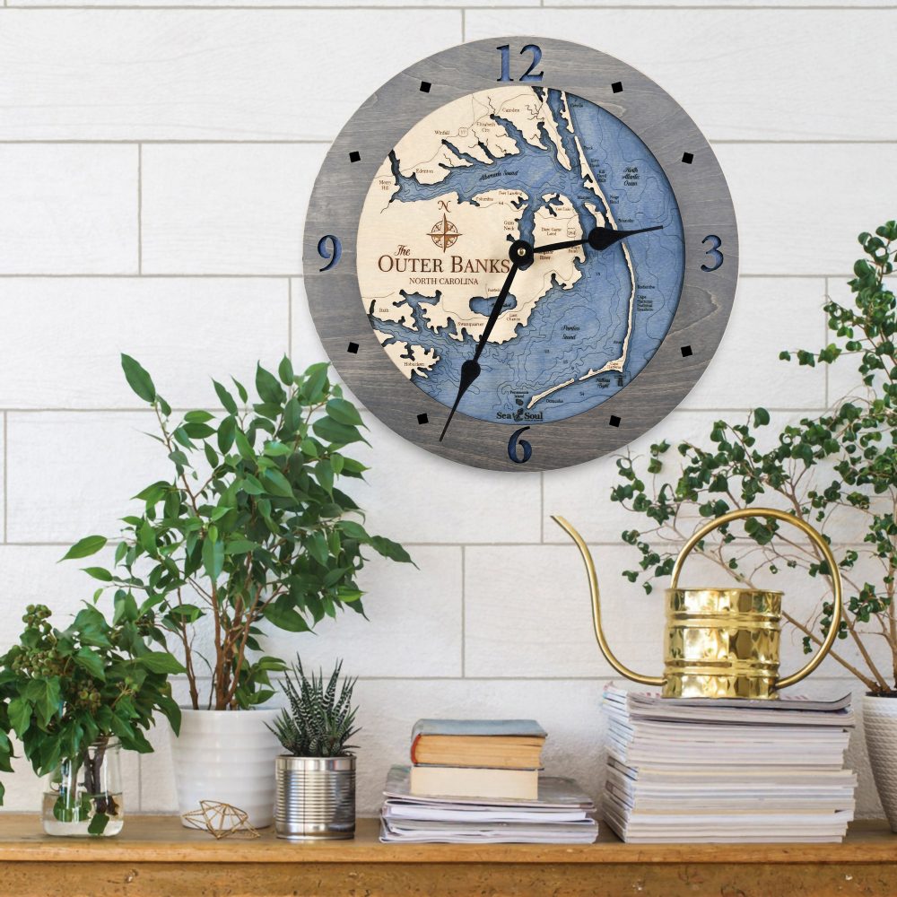 Outer Banks Nautical Clock Driftwood Accent with Deep Blue Water on Wall