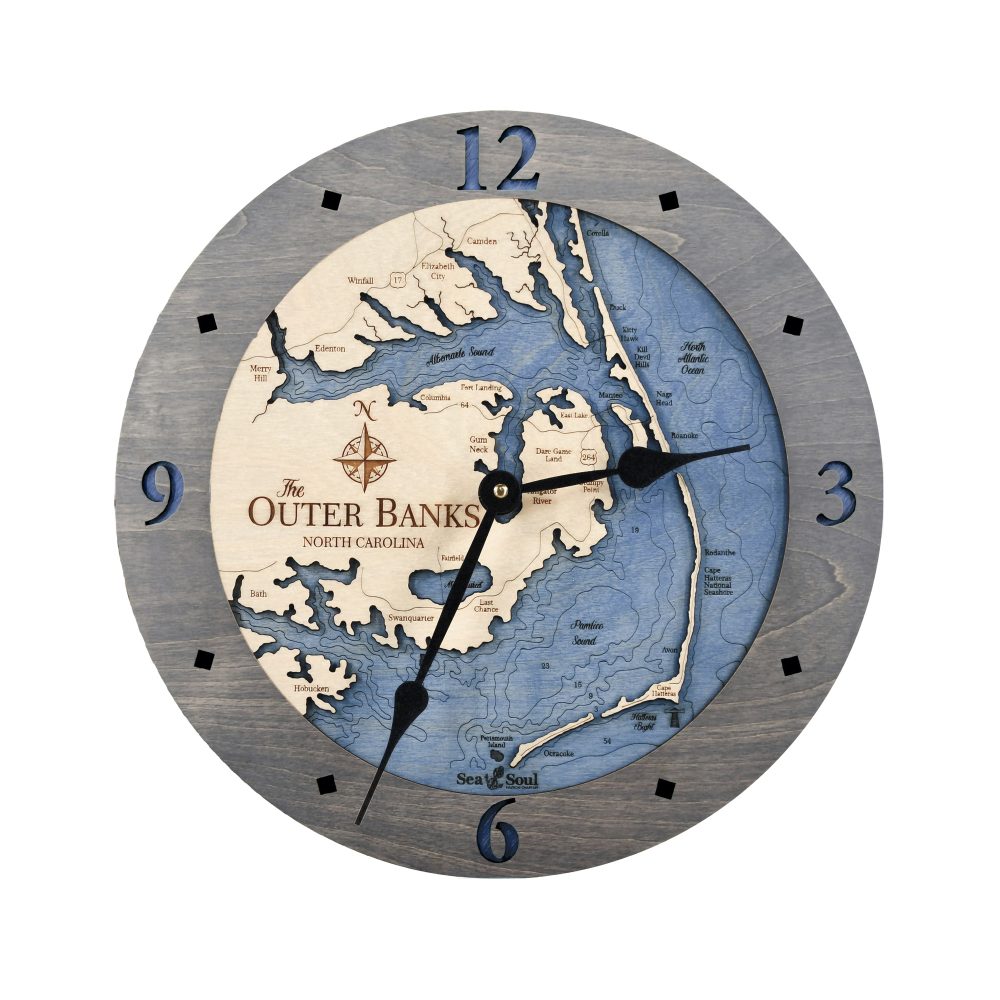 Outer Banks Nautical Clock Driftwood Accent with Deep Blue Water