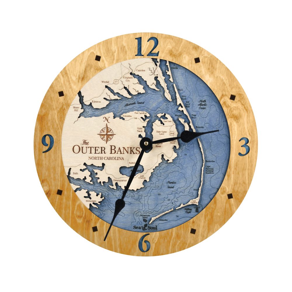 Outer Banks Nautical Clock Honey Accent with Deep Blue Water