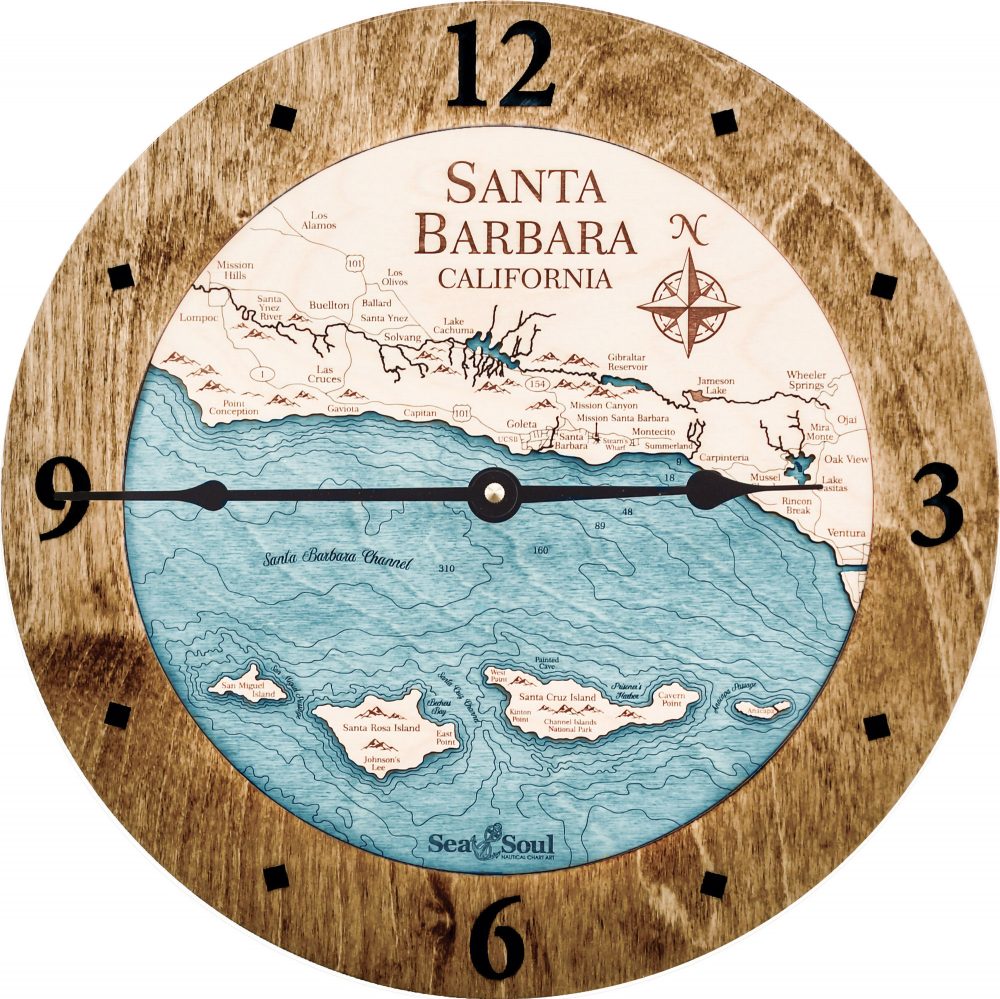 Santa Barbara Nautical Map Clock Americana Accent with Blue Green Water Product Shot