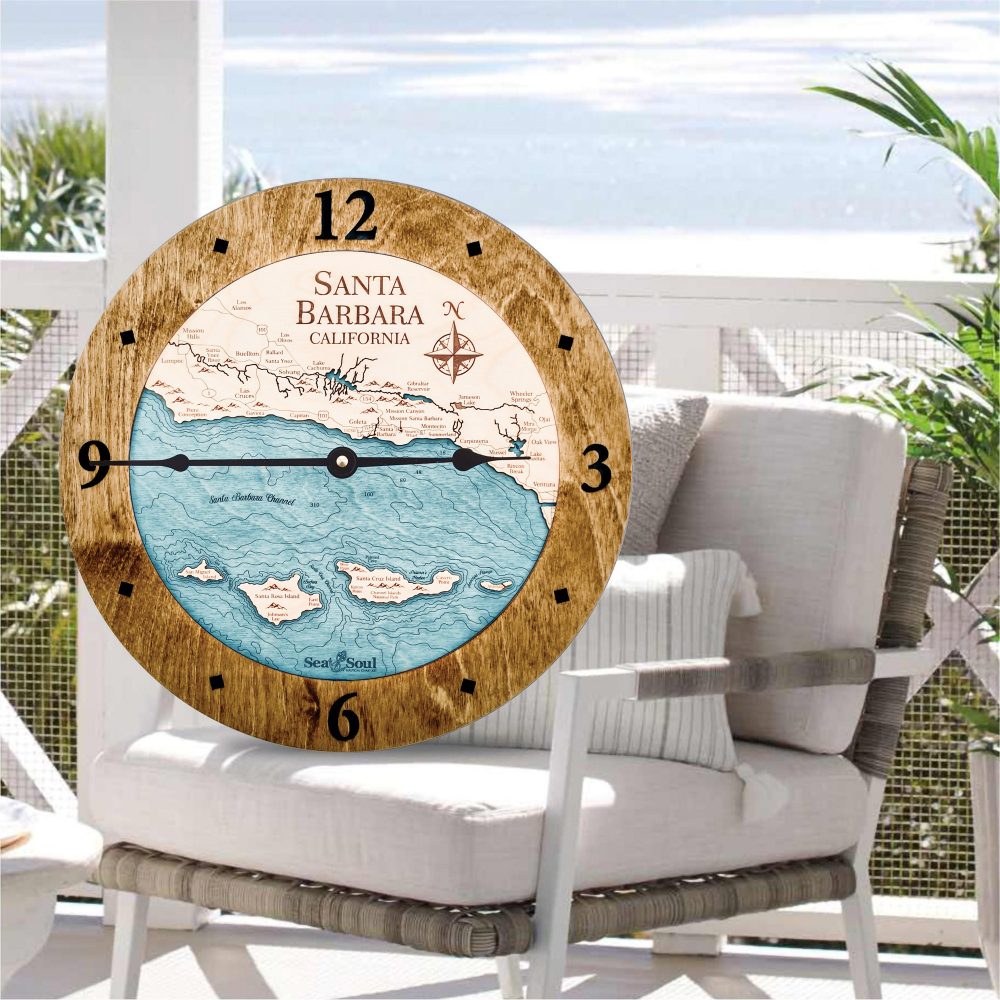 Santa Barbara Nautical Map Clock Americana Accent with Blue Green Water Sitting on Outdoor Chair by Coast