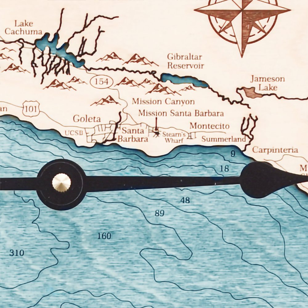 Santa Barbara Nautical Map Clock Birch Accent with Blue Green Water Detail Shot 1