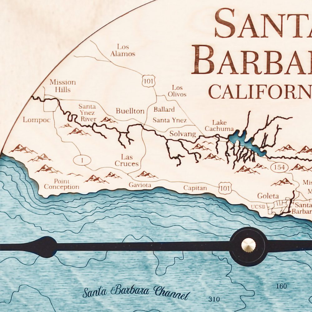 Santa Barbara Nautical Map Clock Birch Accent with Blue Green Water Detail Shot 3