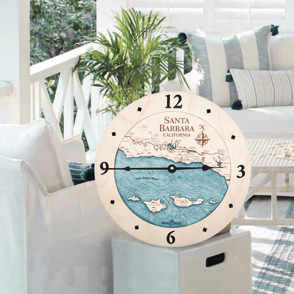 Santa Barbara Nautical Map Clock Birch Accent with Blue Green Water Sitting on End Table