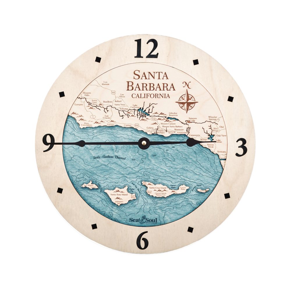 Santa Barbara Nautical Map Clock Birch Accent with Blue Green Water