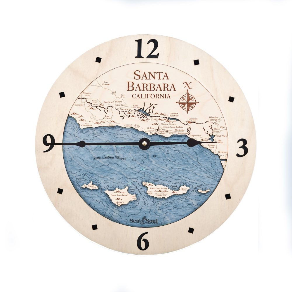 Santa Barbara Nautical Map Clock Birch Accent with Deep Blue Water