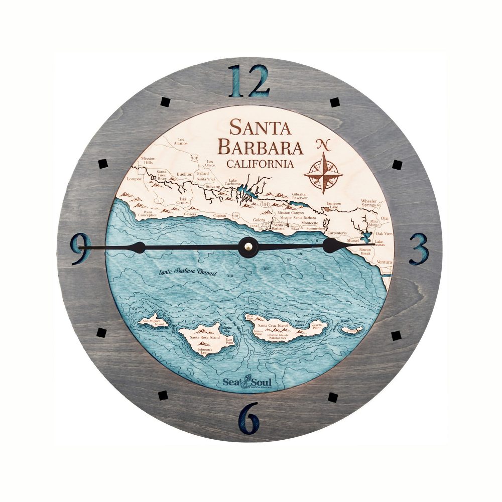 Santa Barbara Nautical Map Clock Driftwood Accent with Blue Green Water