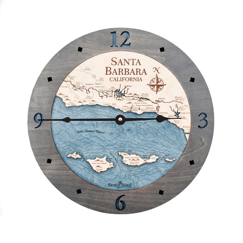 Santa Barbara Nautical Map Clock Driftwood Accent with Deep Blue Water