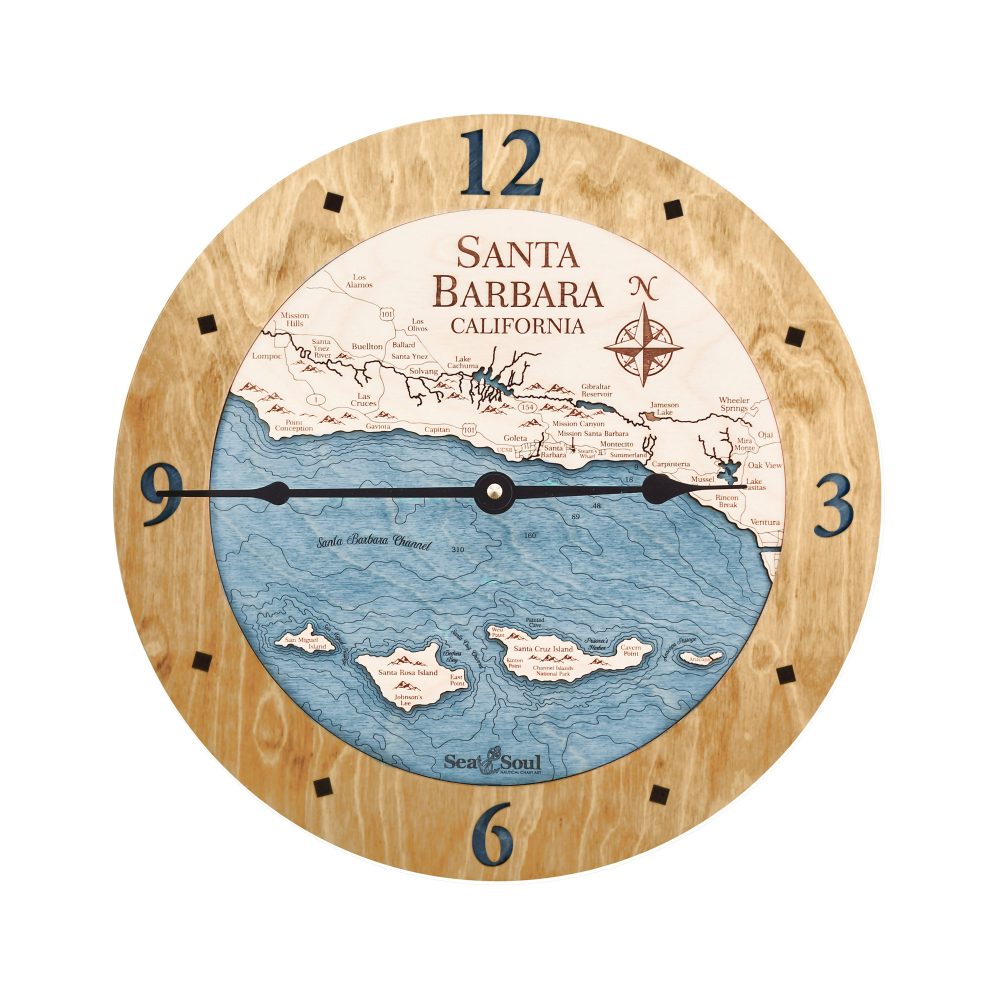 Santa Barbara Nautical Map Clock Honey Accent with Deep Blue Water