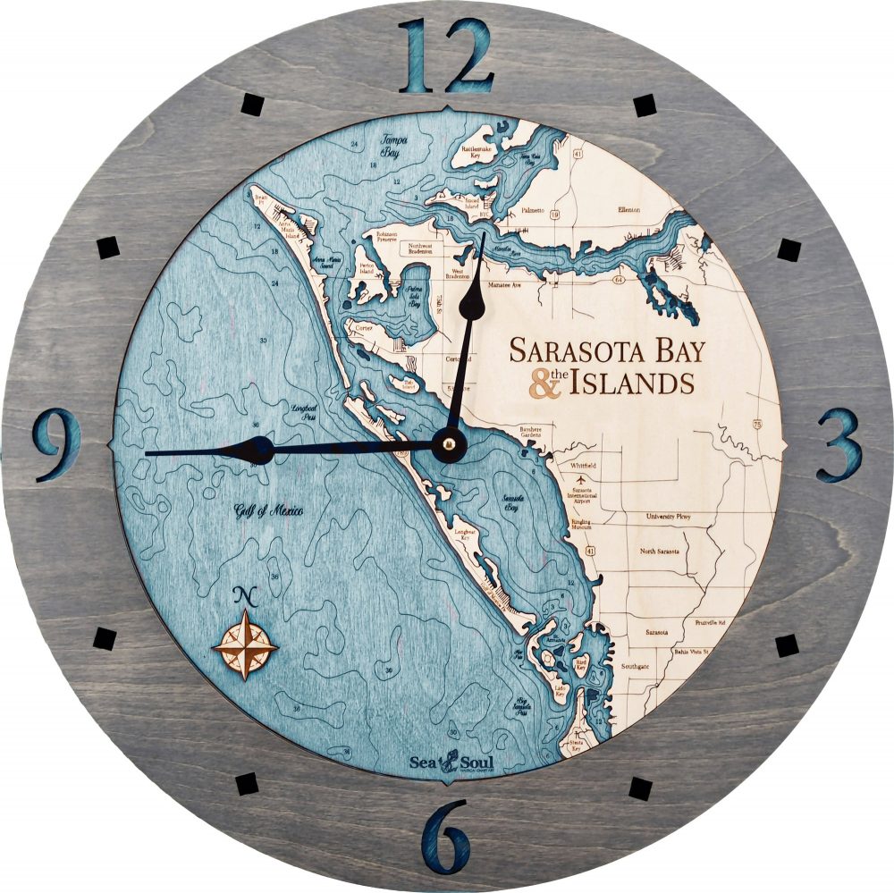 Sarasota Bay Nautical Clock Driftwood Accent with Blue Green Water Product Shot