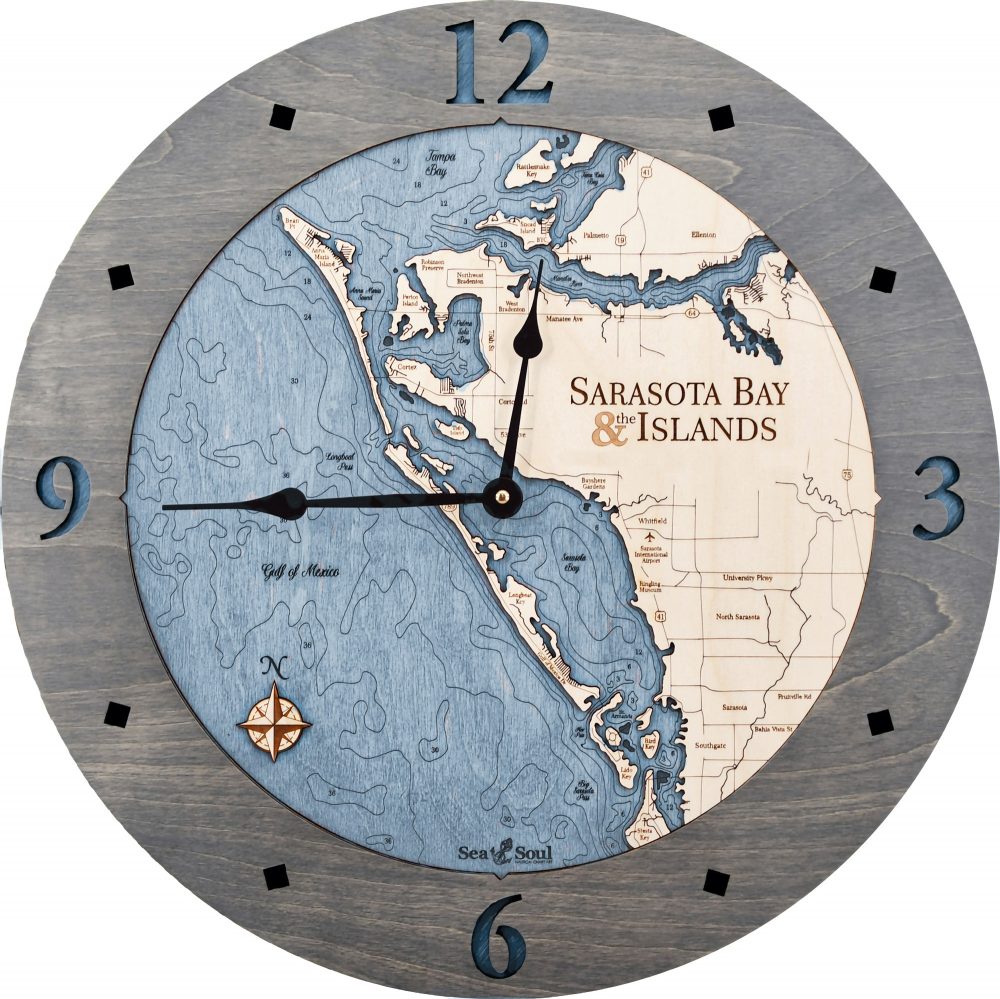 Sarasota Bay Nautical Clock Driftwood Accent with Deep Blue Water Product Shot