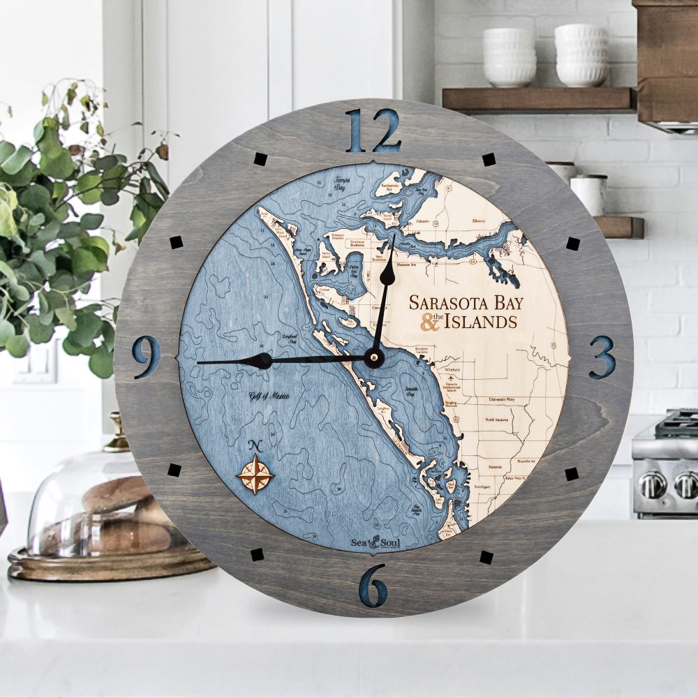 Sarasota Bay Nautical Clock Driftwood Accent with Deep Blue Water on Countertop