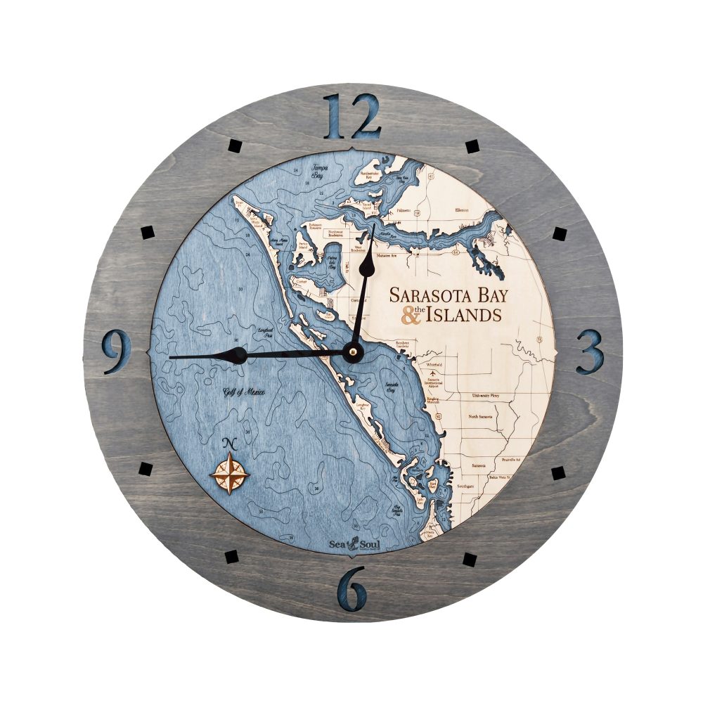 Sarasota Bay Nautical Clock Driftwood Accent with Deep Blue Water