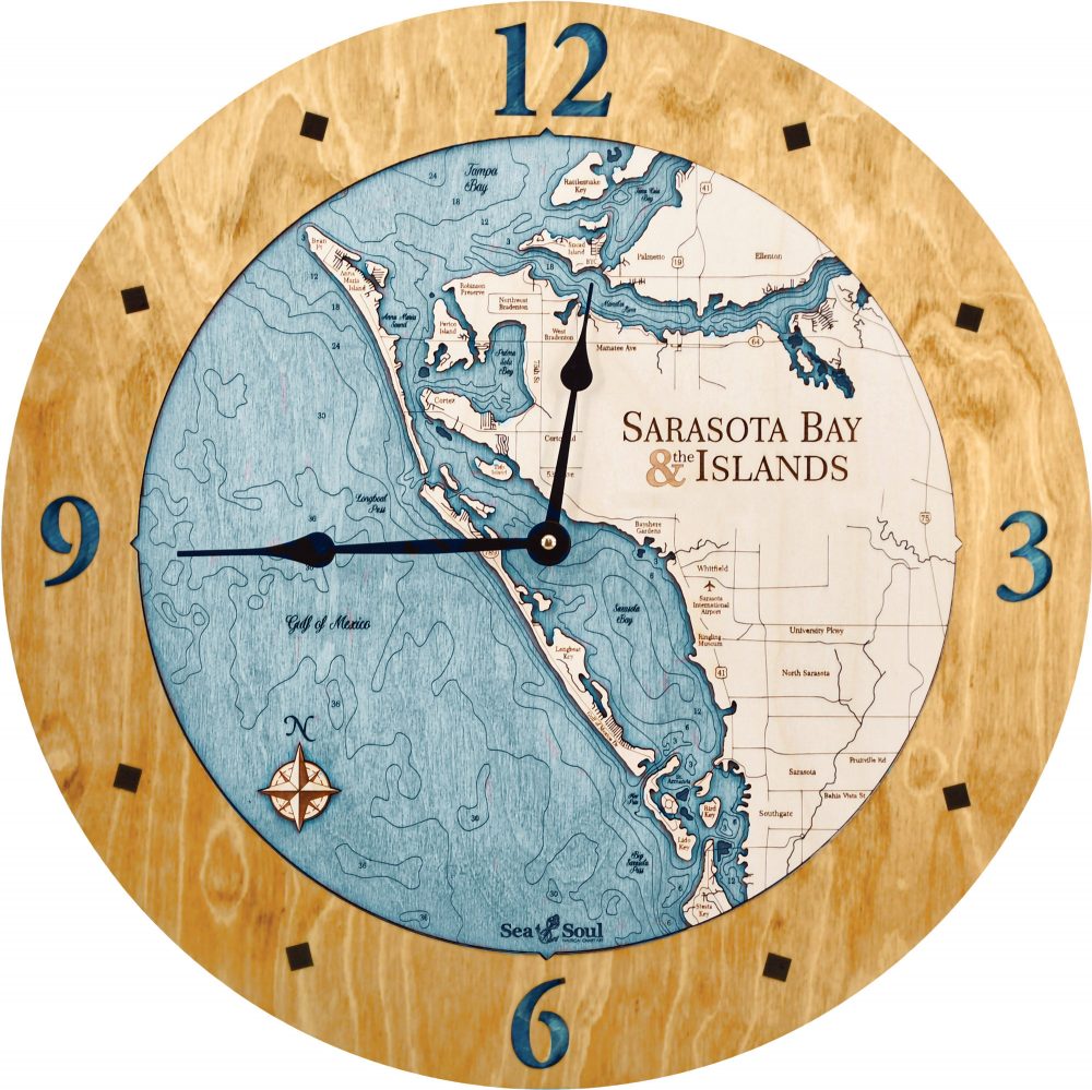 Sarasota Bay Nautical Clock Honey Accent with Blue Green Water Product Shot