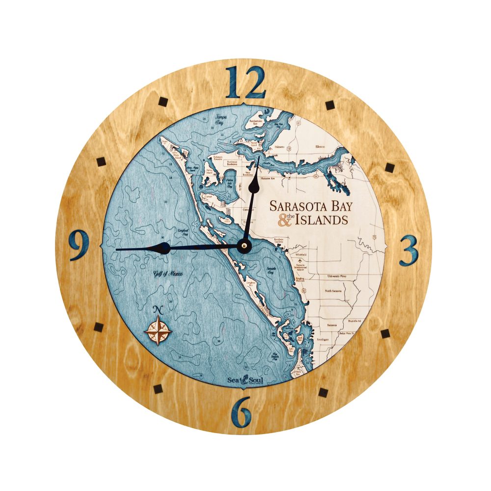 Sarasota Bay Nautical Clock Honey Accent with Blue Green Water