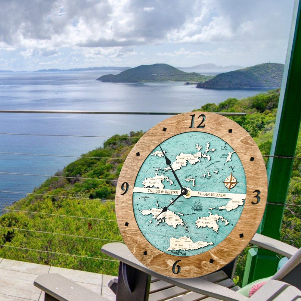 Virgin Islands Nautical Map Clock Americana Accent with Blue Green Water Sitting on Outdoor Chair